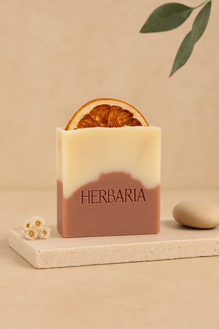 Herbaria Tangy Orchard Artisanal Soap Bar with dried grapefruit, helps hyperpigmentation, softening and nourishing skincare