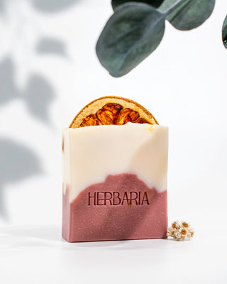 Herbaria Tangy Orchard Artisanal Soap Bar with dried grapefruit, helps hyperpigmentation, softening and nourishing skincare