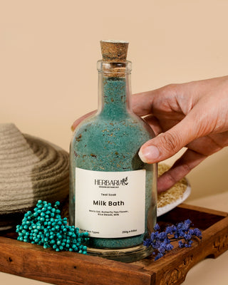 Teal Soak | Milk Bath (250gm), 100% Vegan - Maris Sal, Butterfly Pea Flower, Rice Beads, Milk