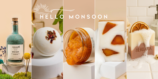 Herbaria Modern Botanicals monsoon skincare banner showcasing vegan zero-plastic botanical products
