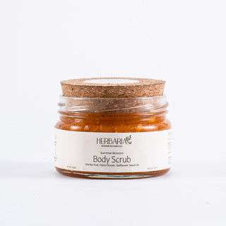 Herbaria Summer Blossom vegan sugar body scrub in white background with safflower seed and plant based cellulose beads