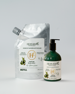 FRESH LEAF | BODY LOTION – REFILL PACK (400ML), 100% VEGAN- ARGAN OIL, SHEA BUTTER, HEMP SEED OIL