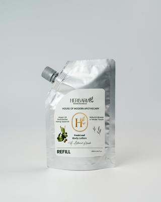 FRESH LEAF | BODY LOTION – REFILL PACK (400ML), 100% VEGAN- ARGAN OIL, SHEA BUTTER, HEMP SEED OIL