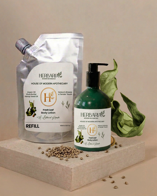 FRESH LEAF | BODY LOTION – REFILL PACK (400ML), 100% VEGAN- ARGAN OIL, SHEA BUTTER, HEMP SEED OIL