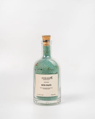 Herbaria Teal Soak milk bath in white background – vegan Maris Sal soak with butterfly pea flower, rice bead exfoliation