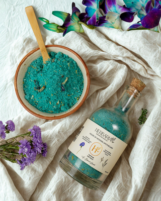 Teal Soak | Milk Bath (250gm), 100% Vegan - Maris Sal, Butterfly Pea Flower, Rice Beads, Milk